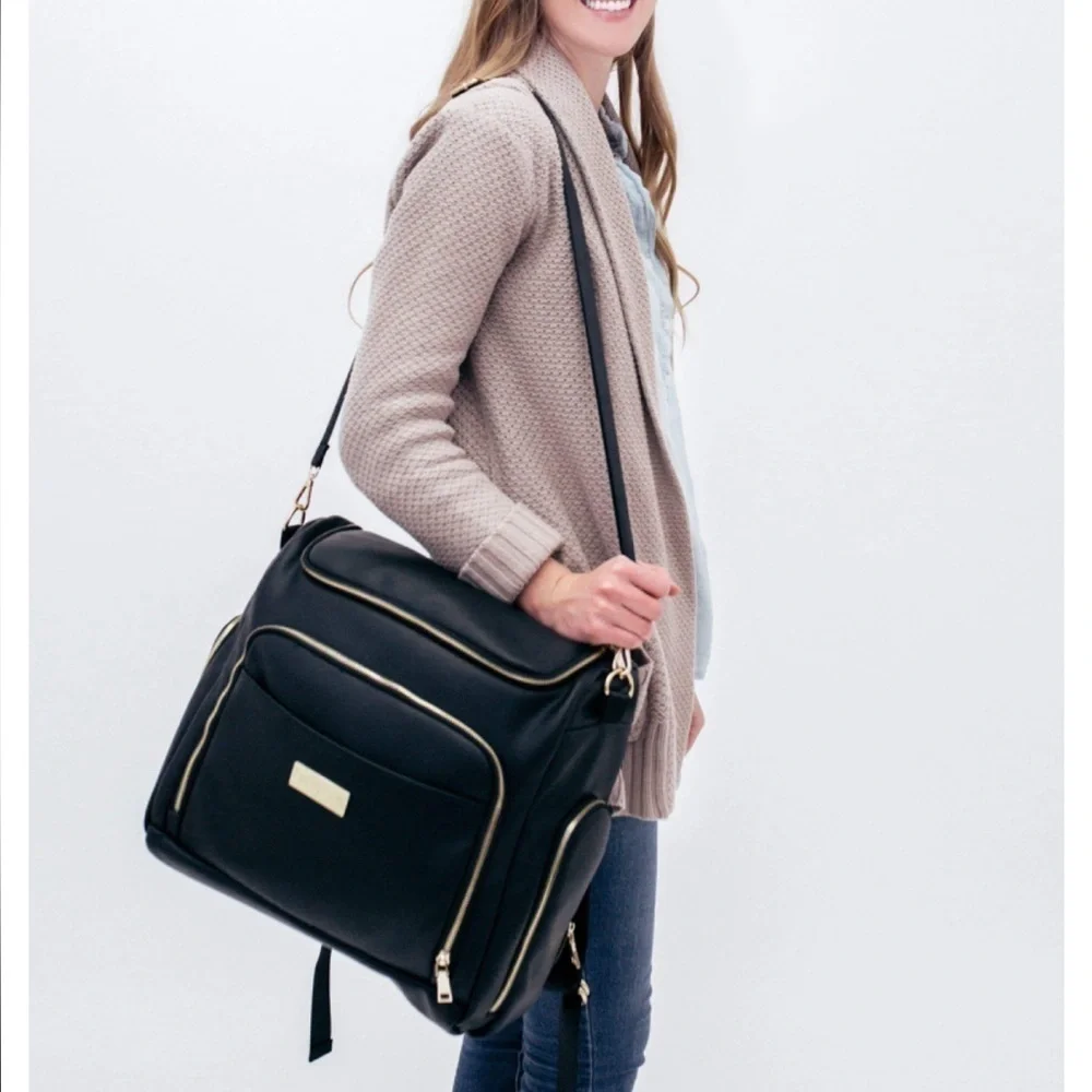 Greyfox Diaper Bag Vegan Leather Black Backpack with shoulder Strap Large
